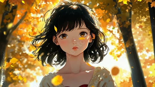 anime cartoon girl character, blackhair girl looking up with autumn fallen leaves falling around with sunlight photo