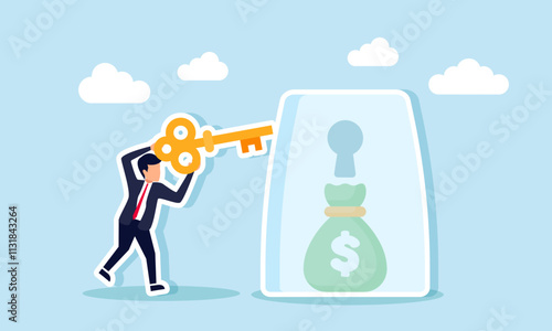 A businessman holding a key intends to insert it into a keyhole on a glass containing a sack of money, illustration of solutions for securing financial business assets