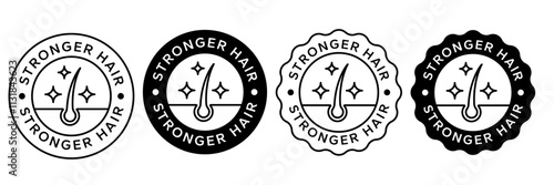 Strong healthy hair line icon set. Stronger hair logo, label, badge, sticker, symbol, emblem, black, circle, line, vector, isolated illustration. Stronger hair label for product packaging design.