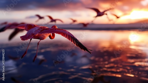 Pink flamingos in flight at sunset over water.