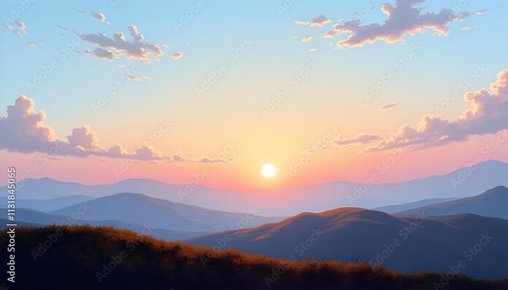 Obraz premium Serene Sunset Landscape Mountains, Sky, Clouds, Golden Hour, Peaceful Vista. Generated AI