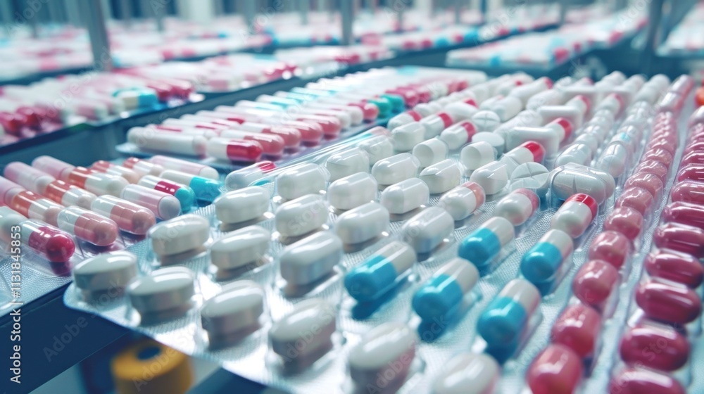 Obraz premium Pharmaceutical Plant: A plant for manufacturing medicines and medical products, adhering to strict quality control measures and maintaining clean room environments for safety. 