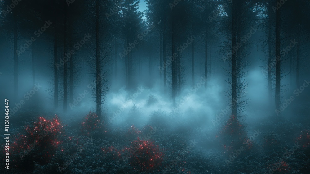 Fototapeta premium Eerie glowing plants in a misty, dark forest at night.