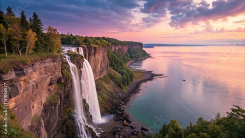 Majestic montmorency falls cascades dramatically into the st. Lawrence river near quebec city, bathed in the warm glow of a vibrant sunset, creating a breathtaking natural spectacle photo