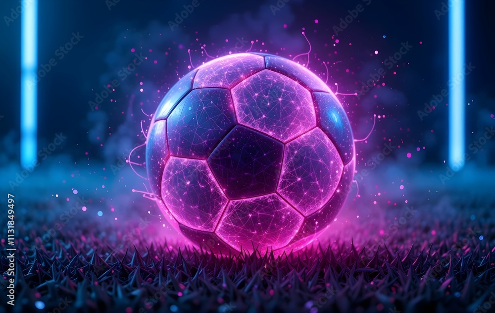 Fototapeta premium 3D Render of a Soccer Ball with Neon Lights and Digital Effects