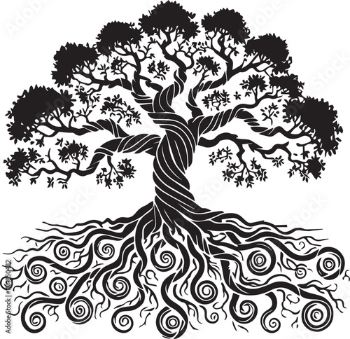 A tree with roots spiraling like corkscrews black vector silhouette