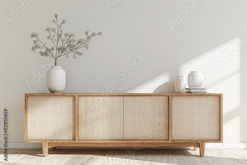 Bright Scandinavian living room interior with wood credenza and white decor for a minimalist and cozy modern design