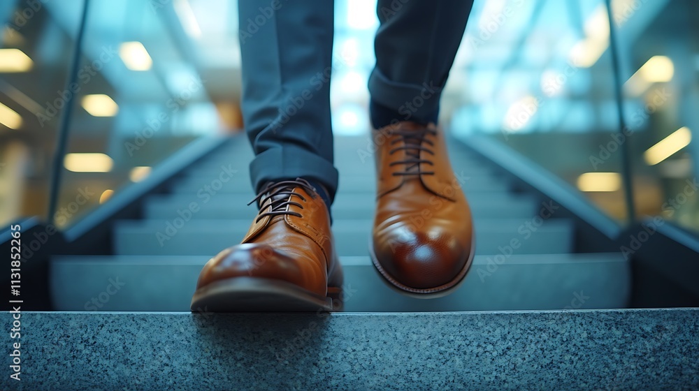 Fototapeta premium Walking down stairs in brown shoes modern office close-up view