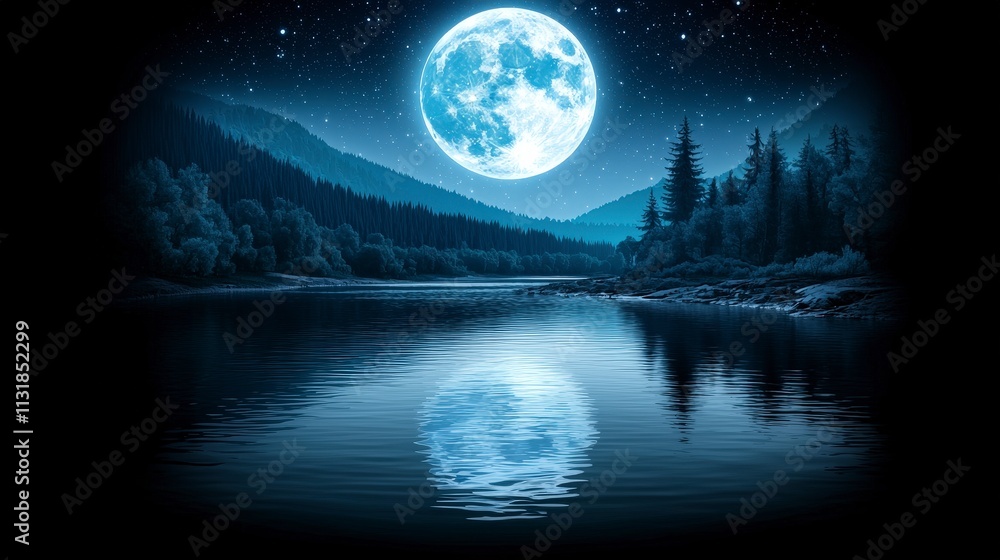 Naklejka premium Serene Night Full Moon Lake Forest Reflection