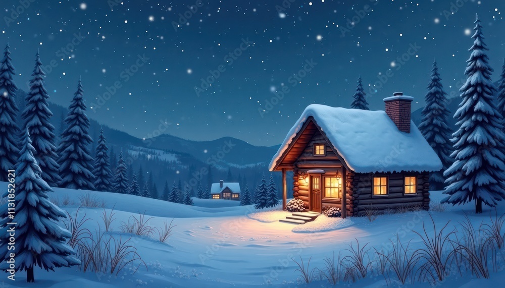 Fototapeta premium Cozy winter cabin nestled in snowy forest under starry night sky. Warm light shines from windows. Snowfall creates peaceful atmosphere. Scenic winter wonderland scene. Perfect for winter holidays