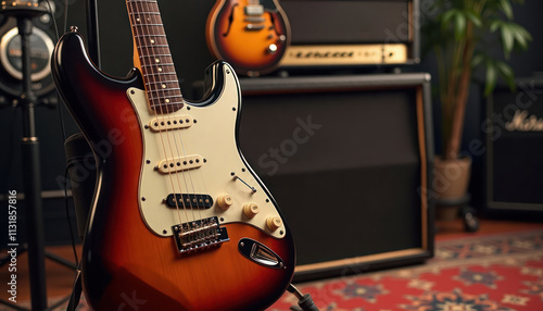 Electric guitar, amplifier in recording studio. Musical instruments in pro audio equipment environment. Equipment for music production. Focus on audio equipment. Studio setup for music recording.