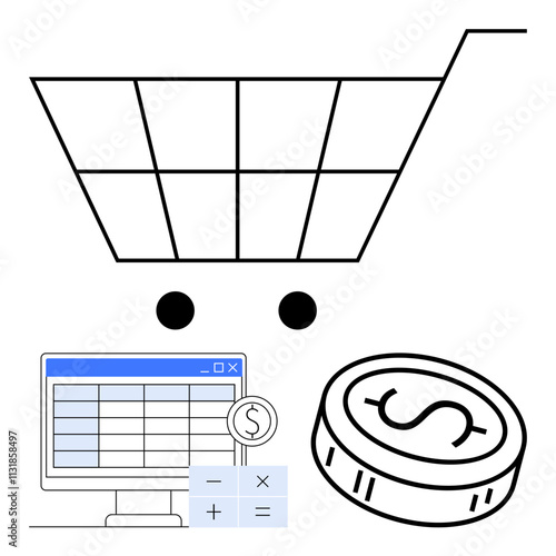 Shopping cart, coin, and computer spreadsheet with calculator. Ideal for e-commerce, budgeting, financial management, online shopping, productivity tools digital transactions expense tracking. Line