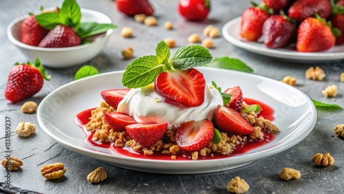 Wallpaper Mural Indulgent Strawberry Dessert with Whipped Cream and Crumble on White Plate, Fresh Strawberries and Mint Garnish for Delicious Food Photography Torontodigital.ca
