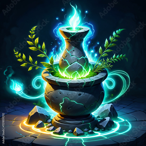 A stone cauldron sits on a stone platform surrounded by glowing blue and yellow rings. Green herbs grow from the cauldrons rim and ethereal flames rise from its center. photo