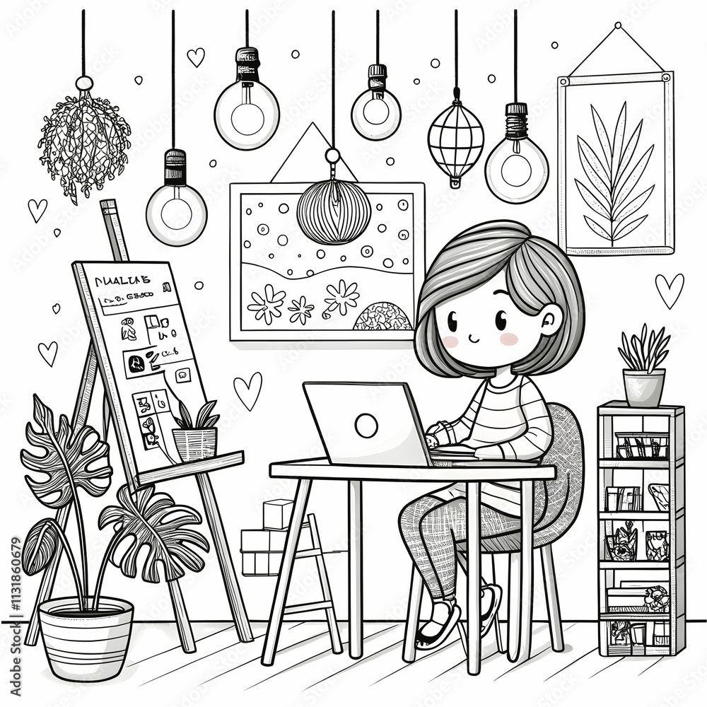 Obraz premium Cute Cartoon Girl Working on Laptop in Cozy Home Office
