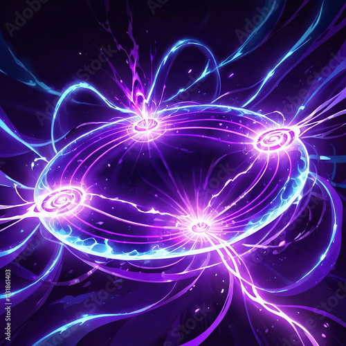 A swirling vortex of purple and blue energy with three glowing centers surrounded by glowing lines and a dark background.