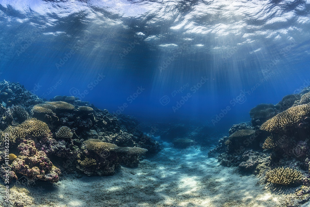 Obraz premium Underwater scene showcasing coral reefs and sunlight rays.