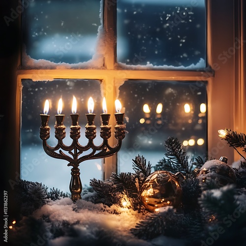 Celebrating hanukkah cozy home candlelit decor winter evening intimate setting warmth and light photo