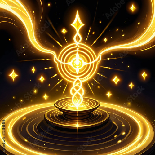 A glowing golden symbol with starlike points, surrounded by swirling energy and smaller stars, rests on a layered platform.