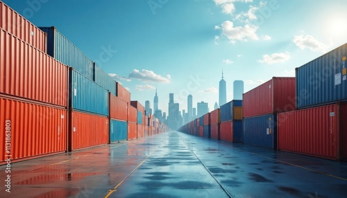 Wallpaper Mural Colorful cargo containers line paved area leading to city skyline. Shipping containers in various colors form backdrop to modern cityscape. Road stretches between rows of containers. Scene evokes Torontodigital.ca