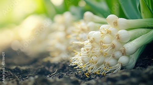 Freshly harvested scallions with flowers on soil. photo