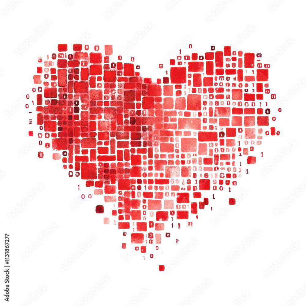 Fototapeta premium Heart shape composed of red squares on a white isolated background.