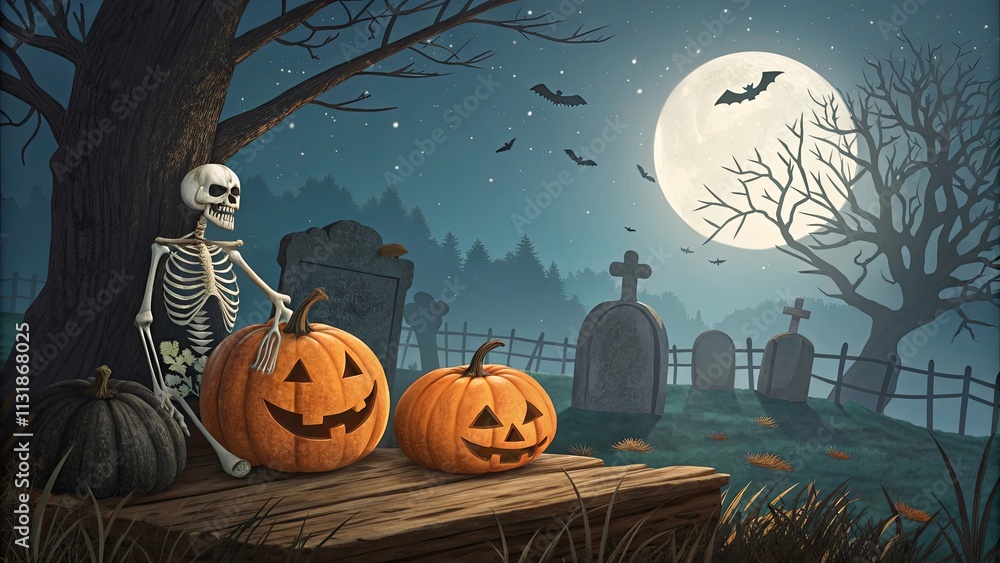 Fototapeta premium A skeleton is sitting on a wooden fence next to two pumpkins and a cemetery