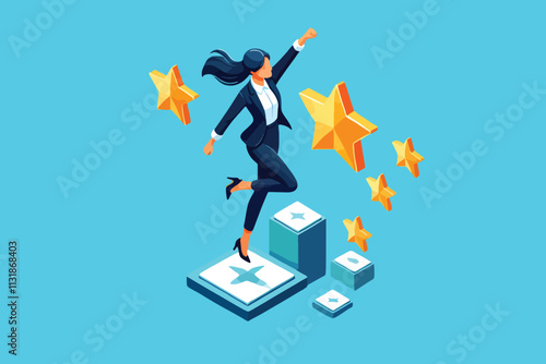Reaching for the Stars, Isometric Design of a Career Woman Jumping Toward Success