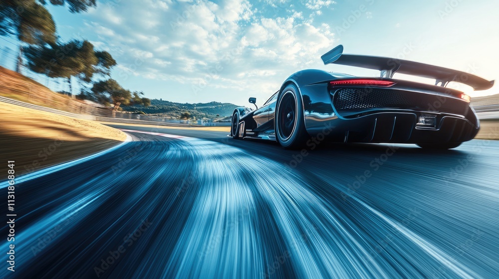Fototapeta premium Modern supercar driving fast on a racetrack on a sunny day