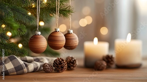 Memories ornaments nostalgia concept. Wooden ornaments hang from a Christmas tree, adorned with pine cones and soft candlelight, creating a warm holiday ambiance.