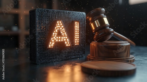 Judge gavel near illuminated ai sign representing artificial intelligence law and regulations photo