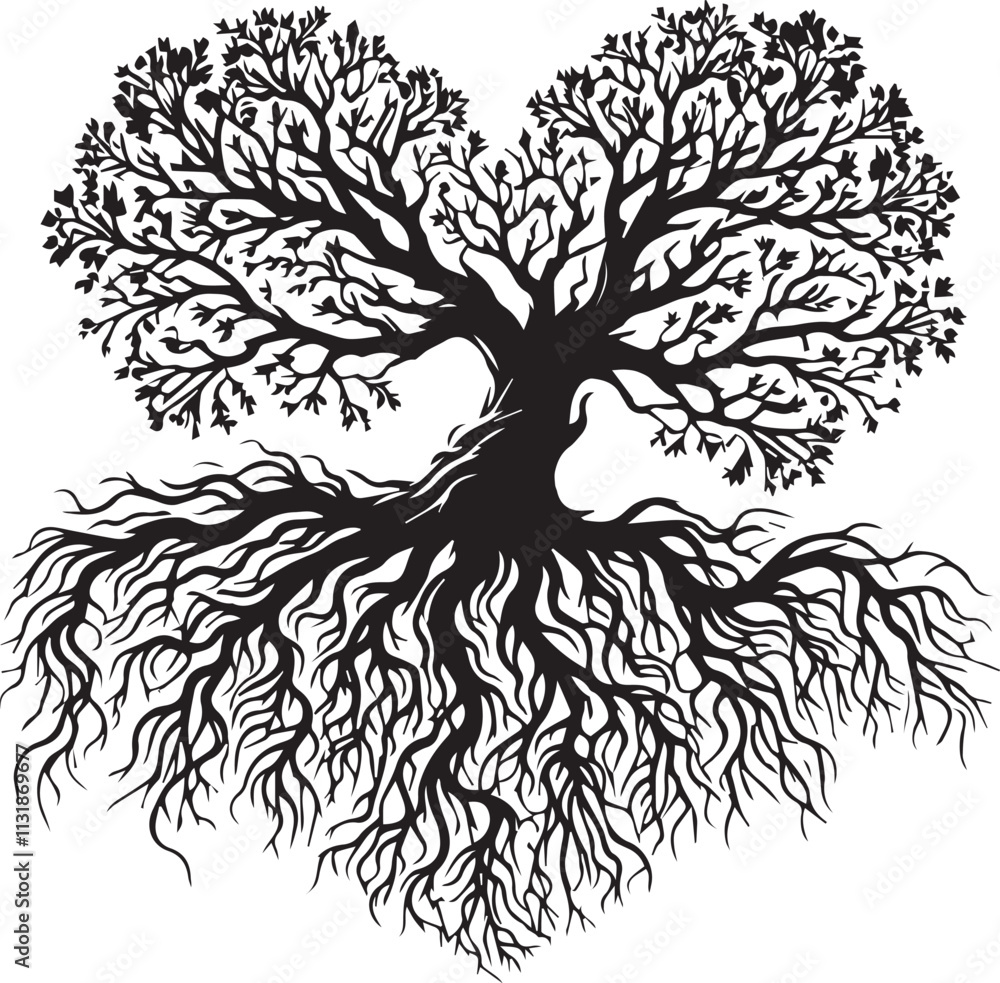 Obraz premium A beautiful tree roots forming a heart shape isolated on white background vector silhouette illustration