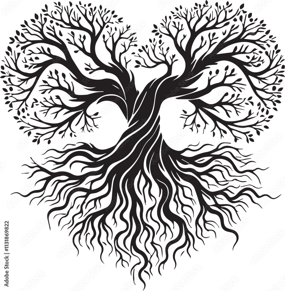 Fototapeta premium A beautiful tree roots forming a heart shape isolated on white background vector silhouette illustration