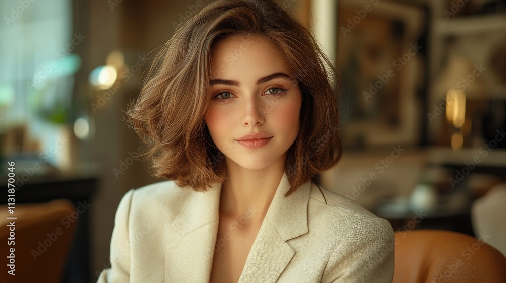 Fototapeta premium Portrait of smiling young businesswoman sitting in restaurant