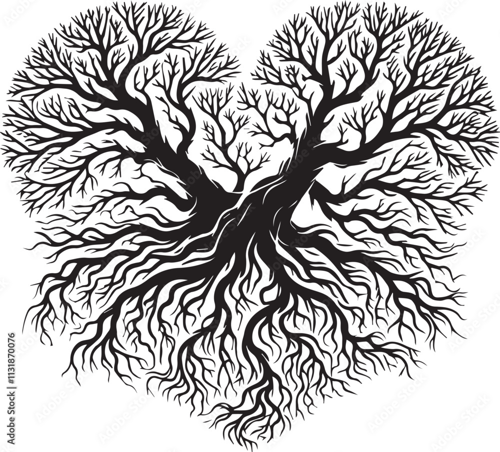 Obraz premium A beautiful tree roots forming a heart shape isolated on white background vector silhouette illustration