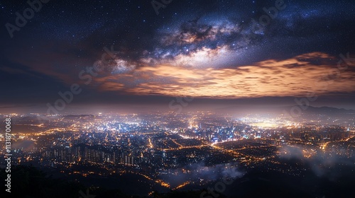 Night cityscape with Milky Way galaxy above.