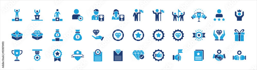 Fototapeta premium Business management success award achievement icon set. Containing reward, winner, champion, badge, medal, certificate, goal, target, trophy, crowned. Vector stock illustration.