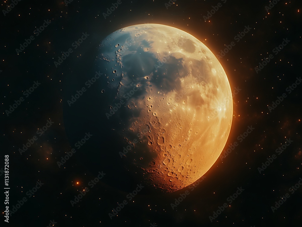 Fototapeta premium A fiery orange celestial body in space among distant stars