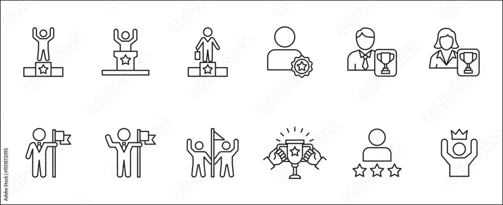 Fototapeta premium Business management success award achievement thin line icon set. Containing reward, winner, champion, badge, medal, certificate, goal, target, trophy, crowned. Vector stock illustration.