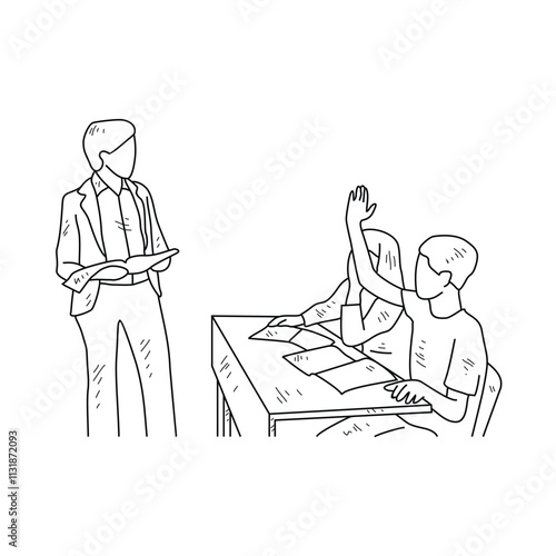 Simple sketch drawing of a teacher is teaching his students in a class at school. Education themes in simple sketch concept design vector. Education activity design and good for presentation purpose.