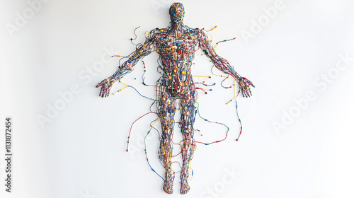 Human Body Drawing of Cables and Parts, Cyborg Design Created With Colored Pencils photo