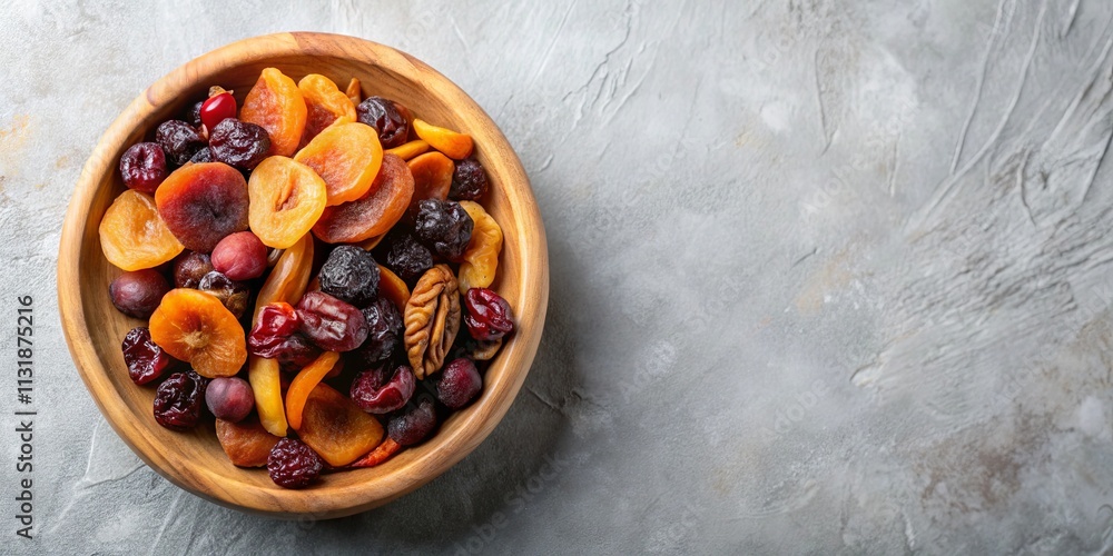 Fototapeta premium A vibrant mix of dried fruits and nuts in a wooden bowl, perfect for a healthy snack or ingredient