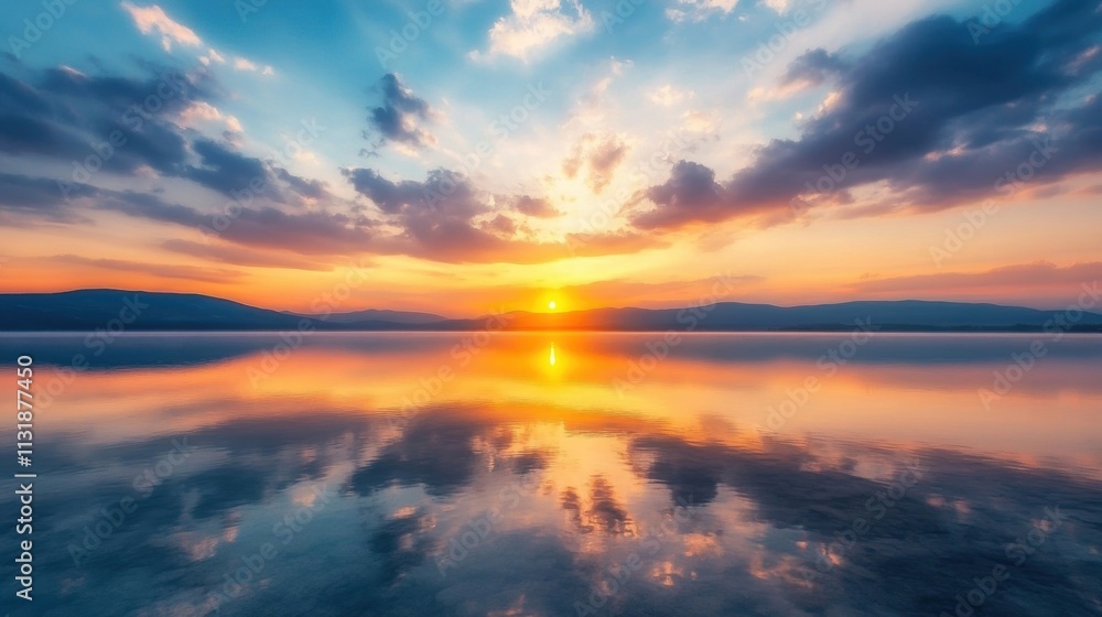 Obraz premium Vivid colors fill the sky as the sun sets behind distant mountains, reflecting beautifully on the tranquil lake surface