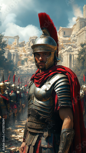 Roman Legion Soldiers in Full Armor Marching, Historic Formation with Shields and Spears, Ancient Roman Empire in Battle Preparation