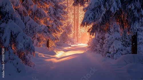 Snowy winter forest path bathed in golden sunlight.