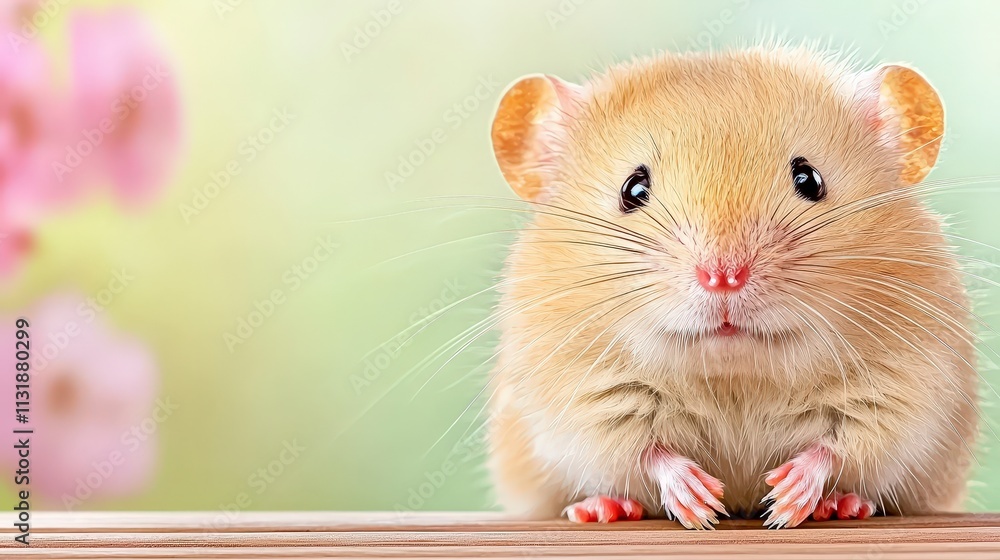Fototapeta premium Adorable Baby Mouse on Wooden Deck Spring Background