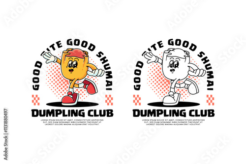 shumai chinese dumpling dim sum retro cartoon character mascot illustration with dancing pose for food, snack, restaurant, cafe mascots and merchandise