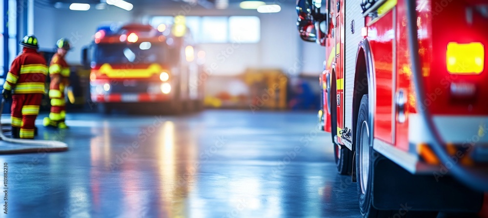 Fototapeta premium Firefighters preparing equipment in a vibrant, blurred background.