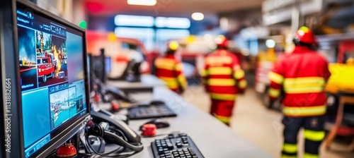 Obraz na płótnie A close-up view of a fire station's control room bustling with activity. w salonie