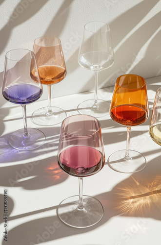 Overhead Shot of Wine Glasses with Red, White, and Rosé Wines on White Background photo